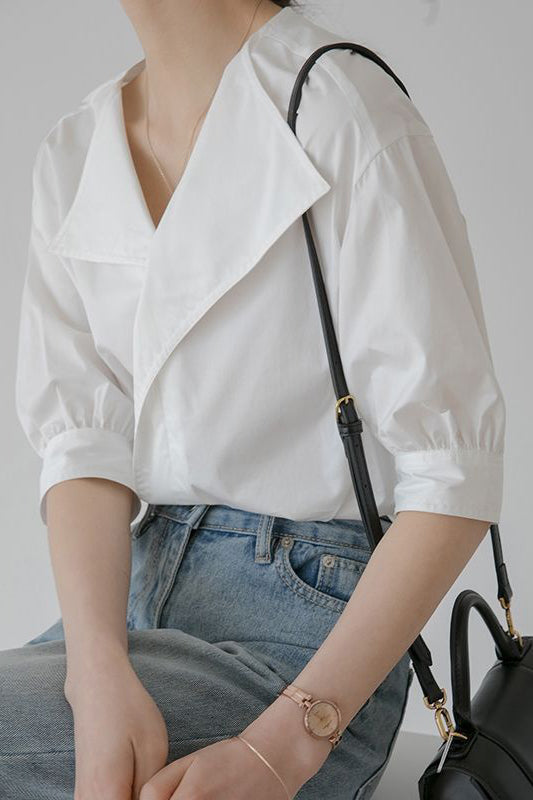 Lapel Collar Casual Short Sleeve Blouse