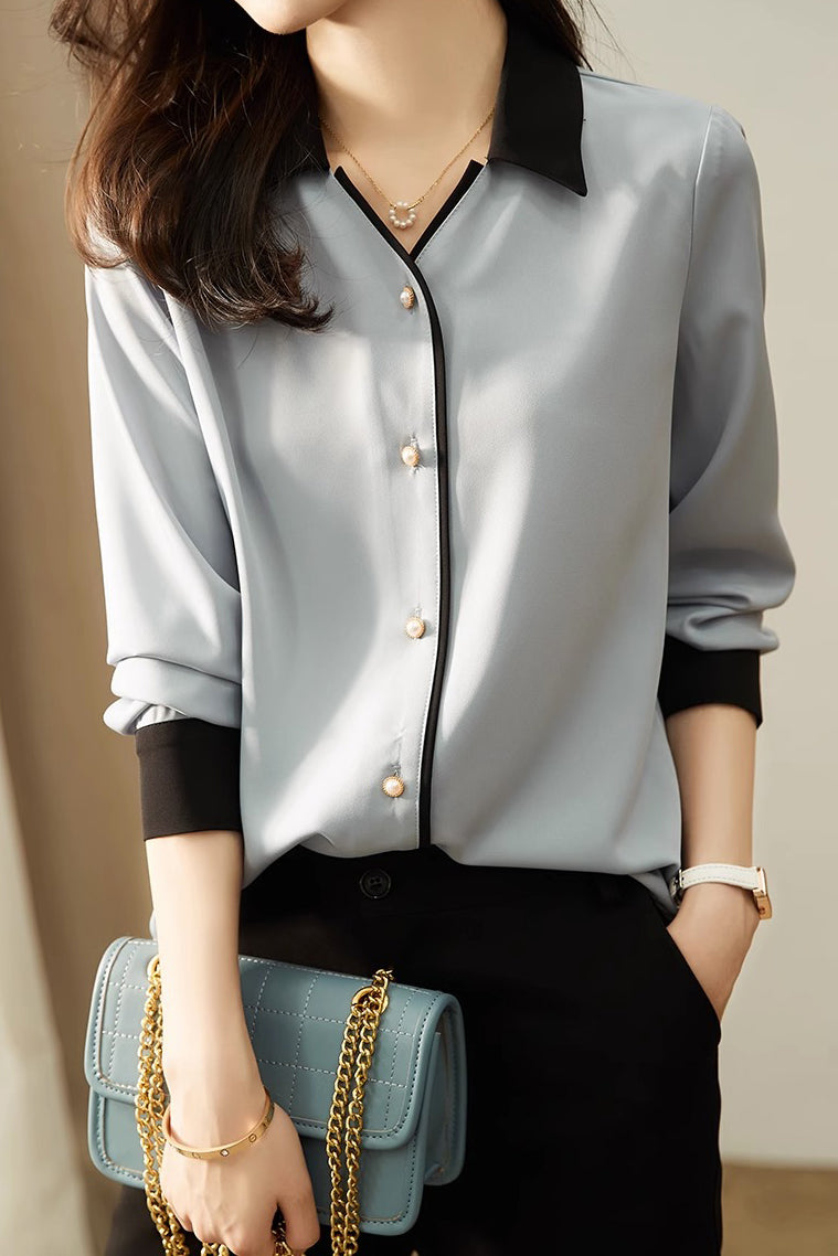 Skipper Collar Button Decor Elegant Blouse