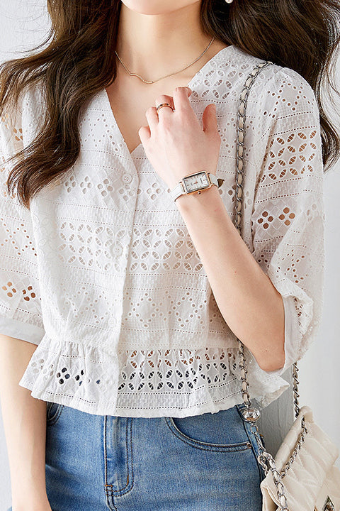 V-neck Cutwork Embroidered Blouse with Lining