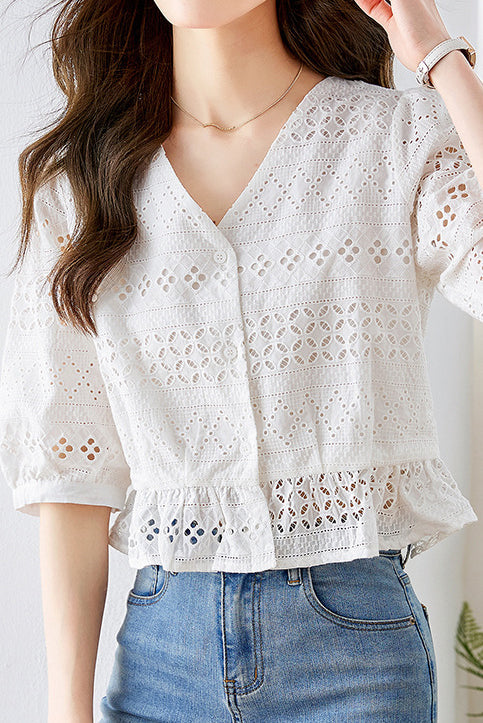 V-neck Cutwork Embroidered Blouse with Lining