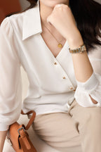 Mixed Material Skipper Collar Satin Blouse - 2 Colors Available