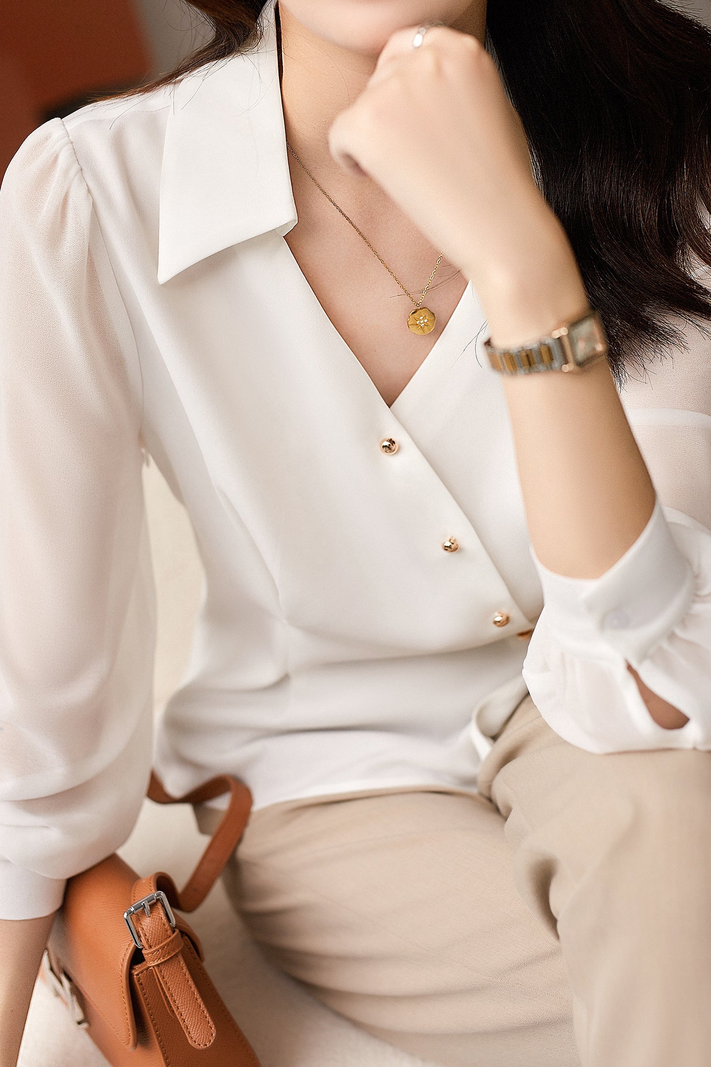 Mixed Material Skipper Collar Satin Blouse - 2 Colors Available