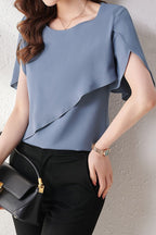 Round Neck Flare Sleeve Asymmetrical Blouse - 2 Colors Available
