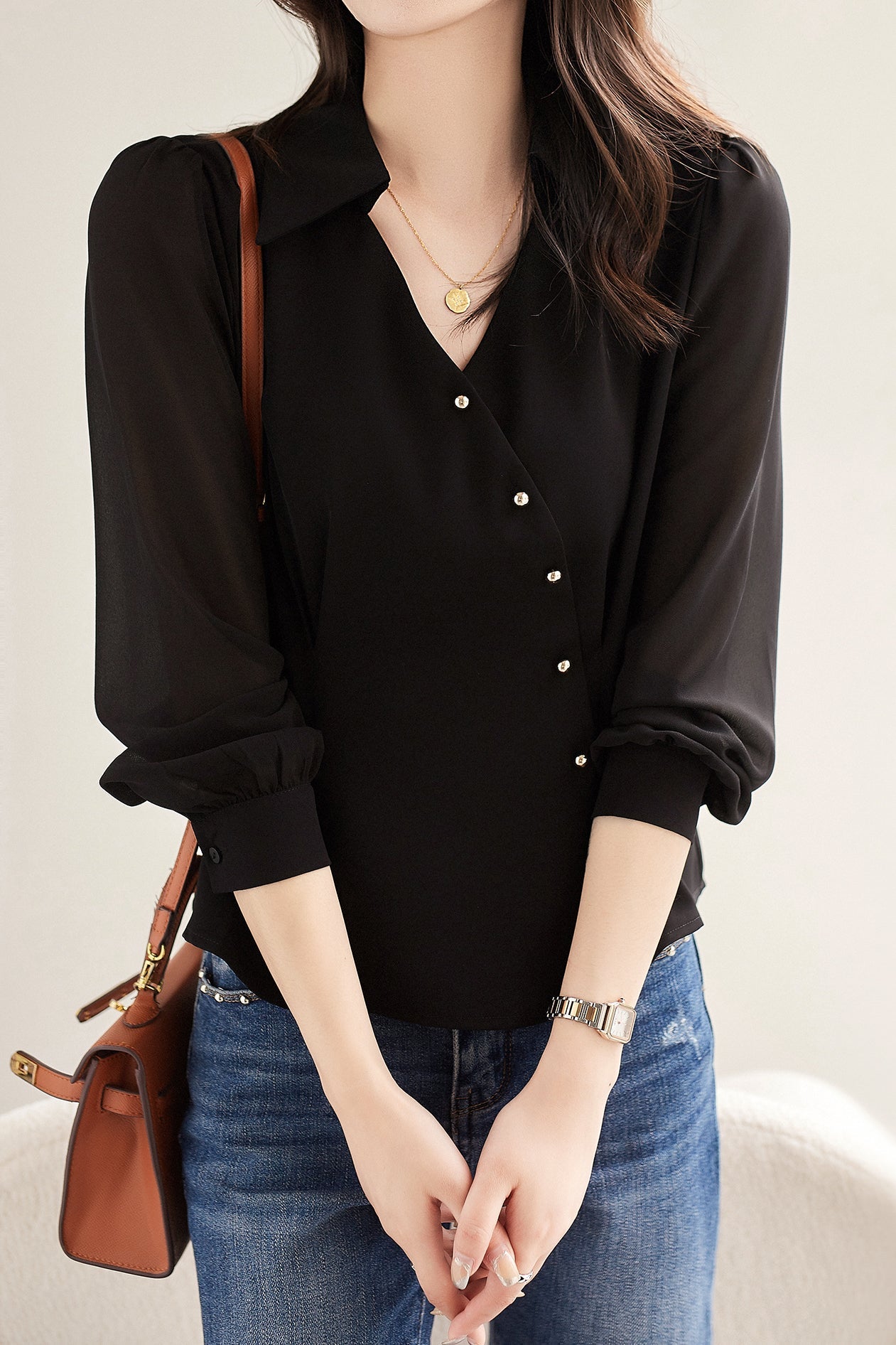 Mixed Material Skipper Collar Satin Blouse - 2 Colors Available