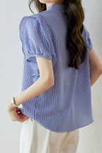 Band Collar Flare Contrast Striped Blouse
