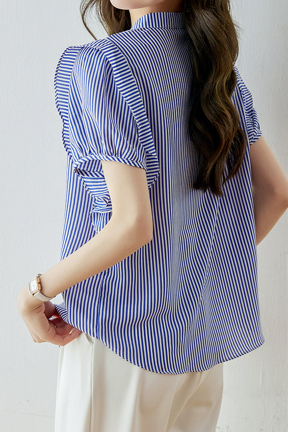 Band Collar Flare Contrast Striped Blouse