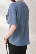 Round Neck Flare Sleeve Asymmetrical Blouse - 2 Colors Available