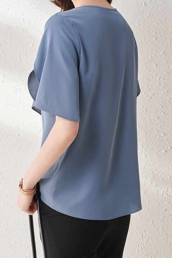 Round Neck Flare Sleeve Asymmetrical Blouse - 2 Colors Available