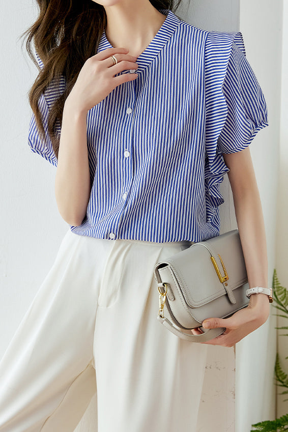 Band Collar Flare Contrast Striped Blouse