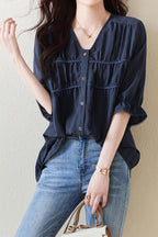 V-neck Piping Contrast Check Gathered Blouse