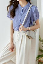 Band Collar Flare Contrast Striped Blouse
