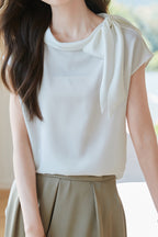 Diagonal Bow Tie Collar Drop Shoulder Satin Blouse - 2 Colors Available