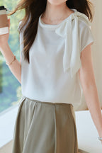 Diagonal Bow Tie Collar Drop Shoulder Satin Blouse - 2 Colors Available