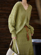 Ella Spring Hollowed Knitted Cardigan and Skirt Set