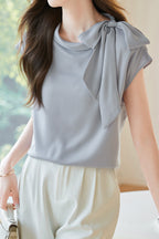Diagonal Bow Tie Collar Drop Shoulder Satin Blouse - 2 Colors Available