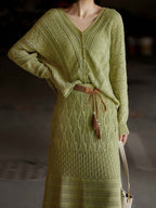 Ella Spring Hollowed Knitted Cardigan and Skirt Set