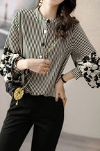 Striped lantern-sleeve shirt that is slimming and all-match