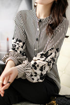 Striped lantern-sleeve shirt that is slimming and all-match