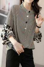 Striped lantern-sleeve shirt that is slimming and all-match