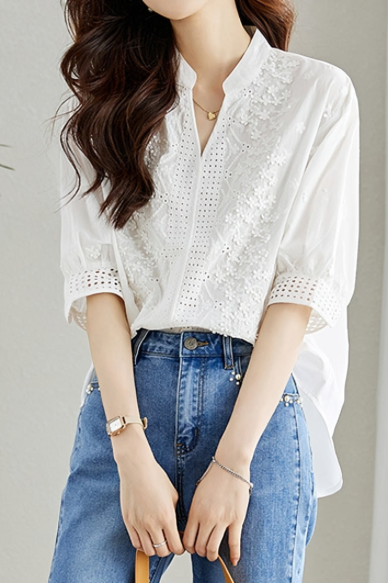 Cut-out embroidered solid-color shirt