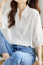 Cut-out embroidered solid-color shirt
