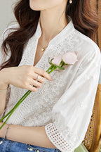 Cut-out embroidered solid-color shirt