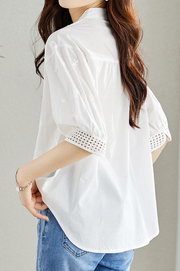 Cut-out embroidered solid-color shirt