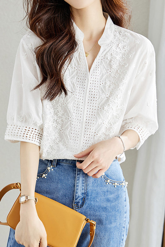 Cut-out embroidered solid-color shirt