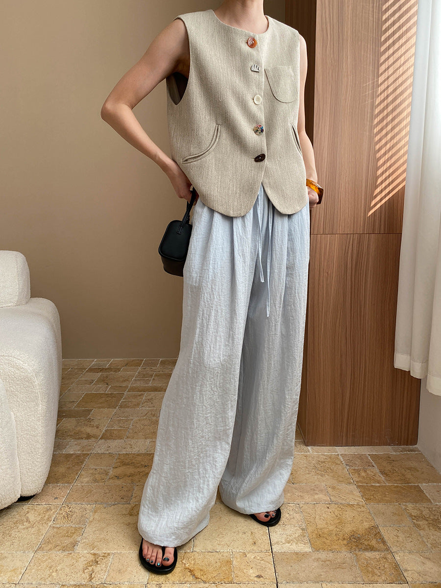 Kaitlyn Casual Pleated Elastic Waist Wide-Leg Pants
