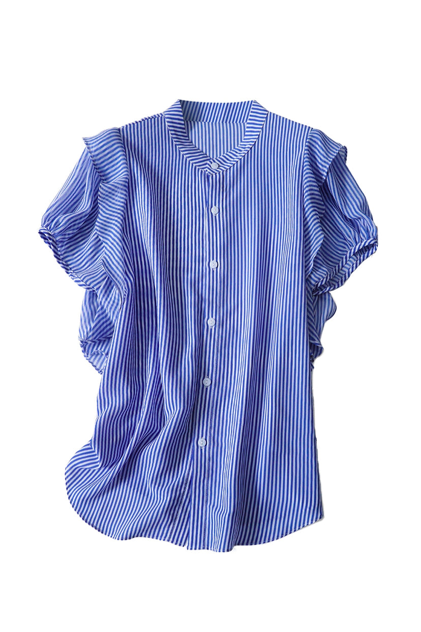 Band Collar Flare Contrast Striped Blouse