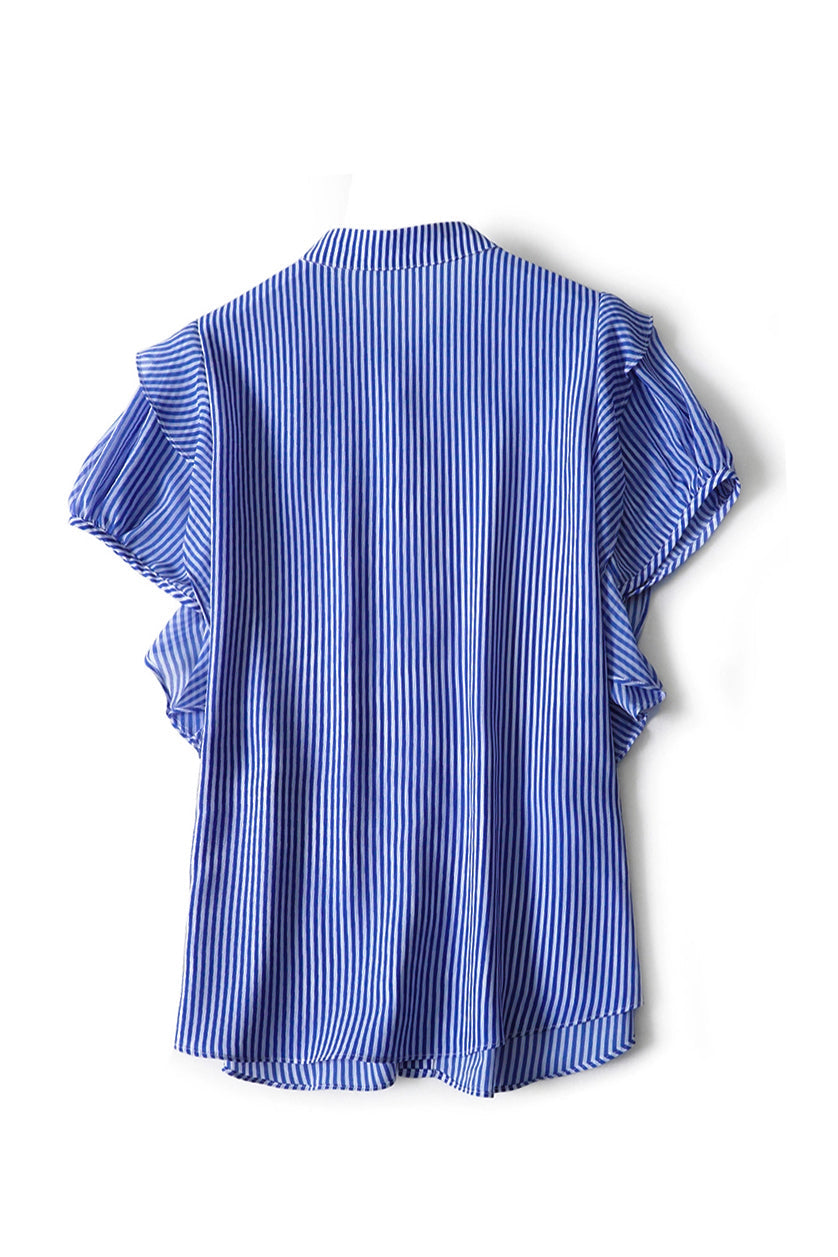 Band Collar Flare Contrast Striped Blouse
