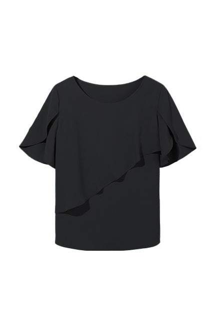Round Neck Flare Sleeve Asymmetrical Blouse - 2 Colors Available