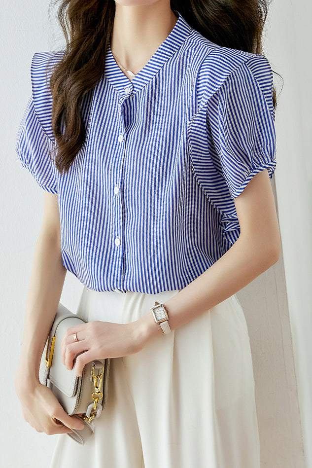 Band Collar Flare Contrast Striped Blouse