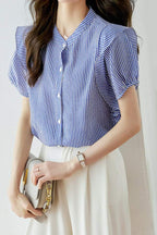 Band Collar Flare Contrast Striped Blouse