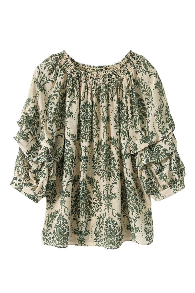 Shirred Neck Ornament Pattern Smock Blouse