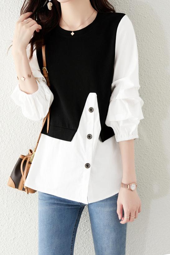 Asymmetrical Croissant Sleeve Button Blouse - 2 Colors Available