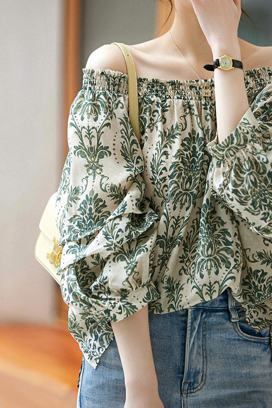 Shirred Neck Ornament Pattern Smock Blouse