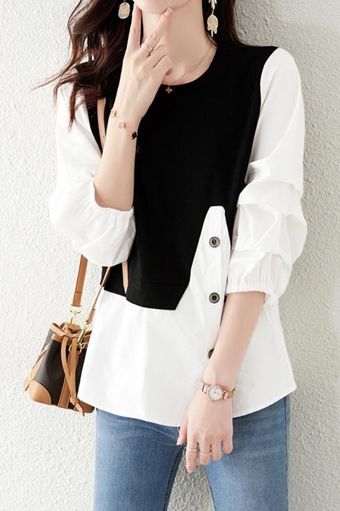 Asymmetrical Croissant Sleeve Button Blouse - 2 Colors Available