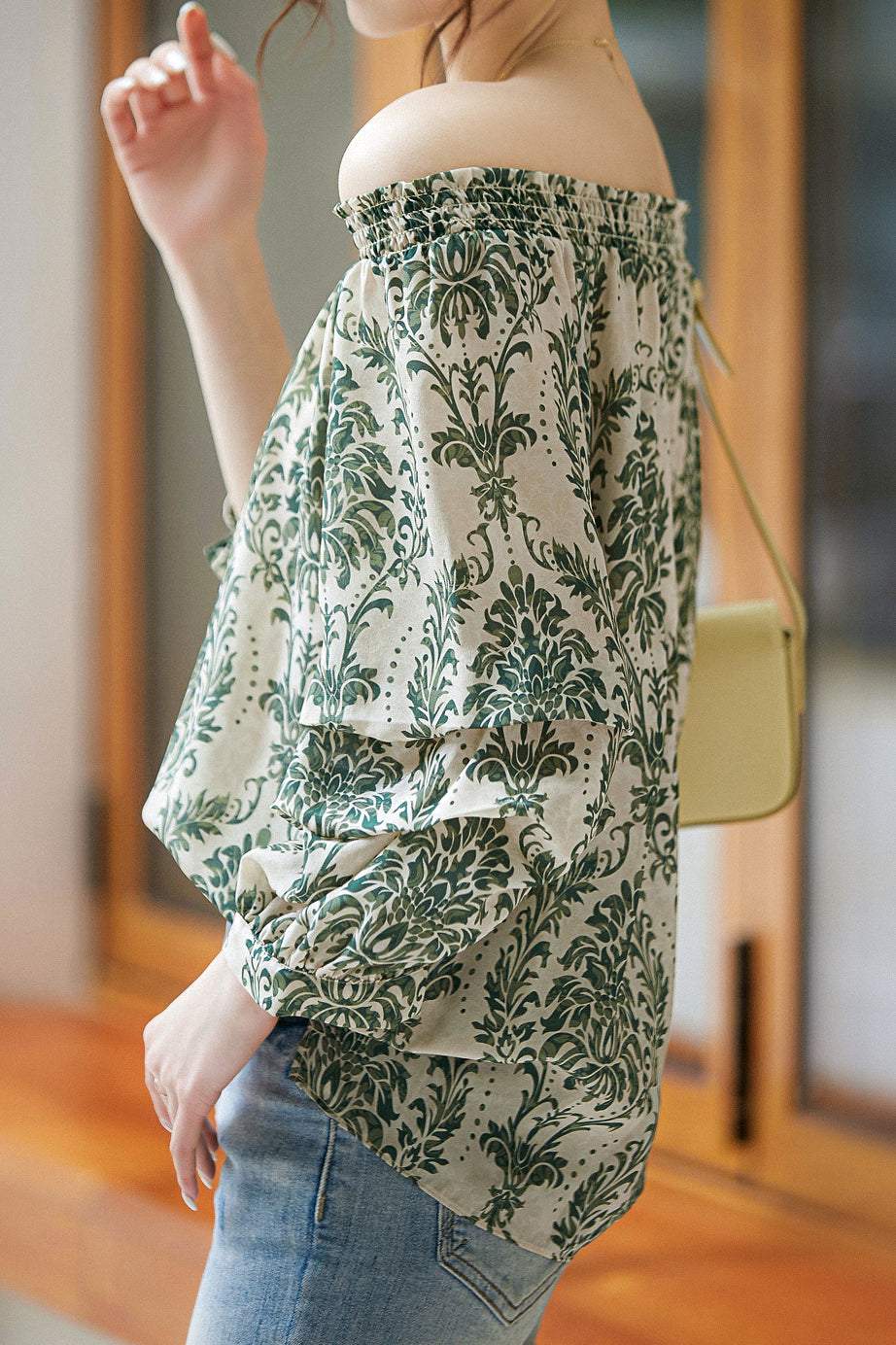 Shirred Neck Ornament Pattern Smock Blouse