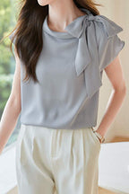 Diagonal Bow Tie Collar Drop Shoulder Satin Blouse - 2 Colors Available