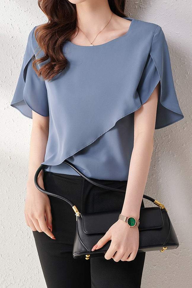 Round Neck Flare Sleeve Asymmetrical Blouse - 2 Colors Available