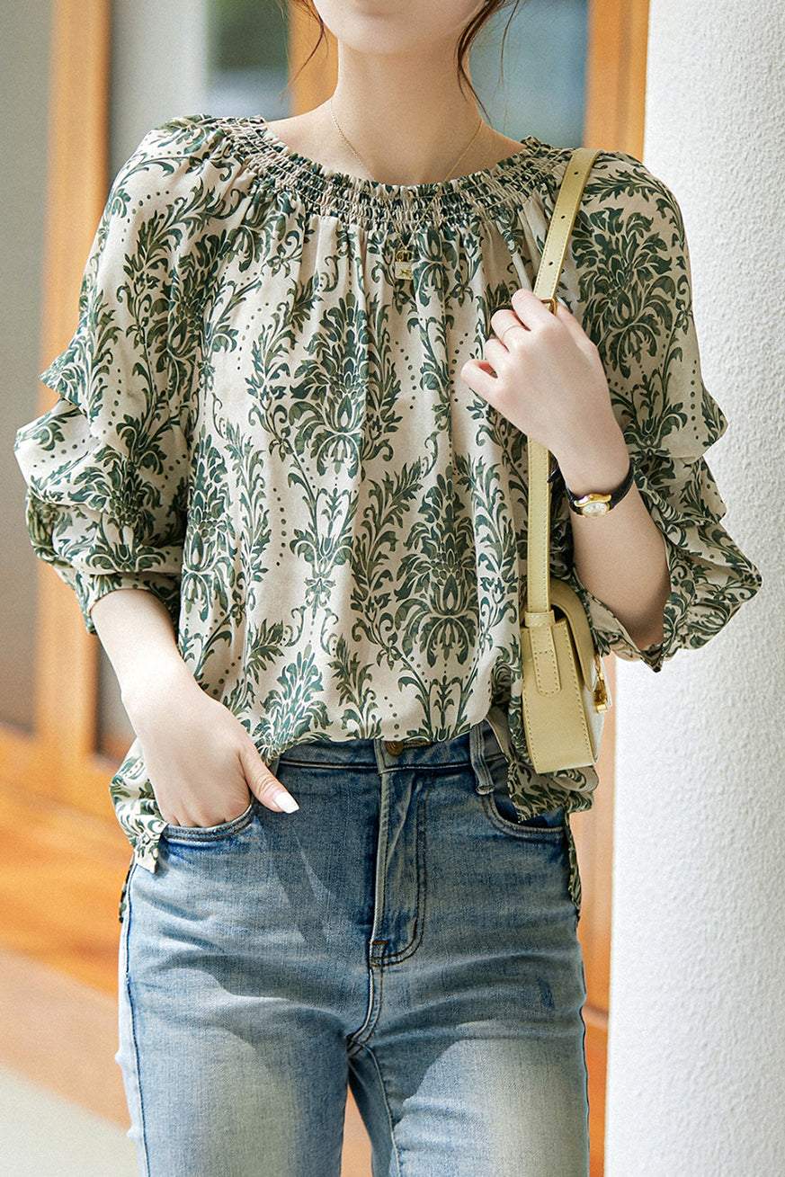 Shirred Neck Ornament Pattern Smock Blouse