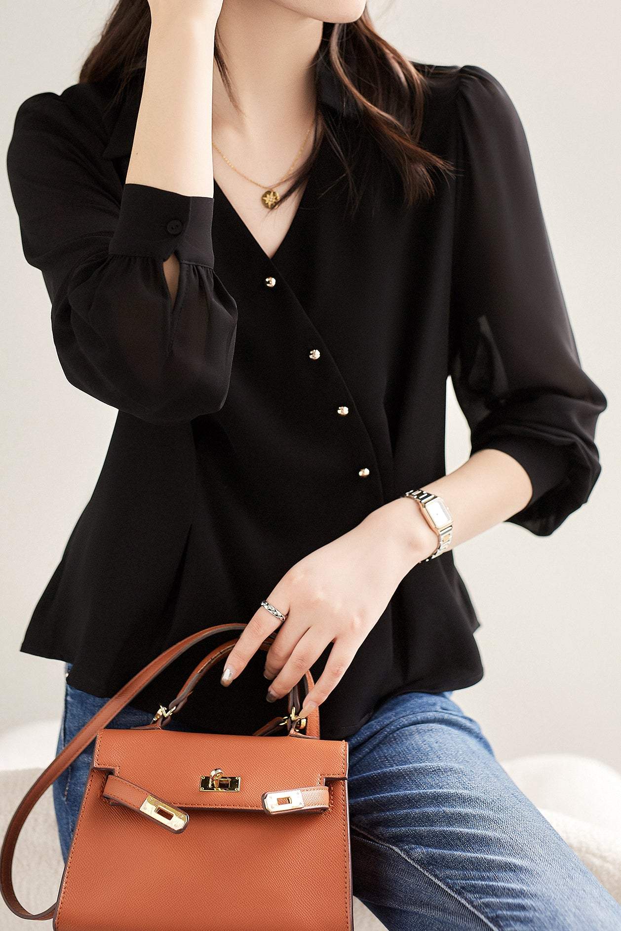 Mixed Material Skipper Collar Satin Blouse - 2 Colors Available