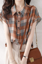 Polo Collar Check Pattern Frill Contrast Blouse