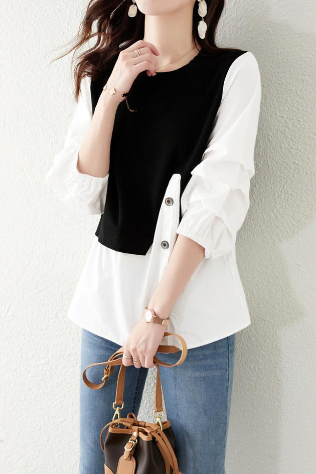 Asymmetrical Croissant Sleeve Button Blouse - 2 Colors Available