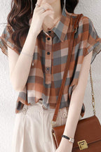 Polo Collar Check Pattern Frill Contrast Blouse