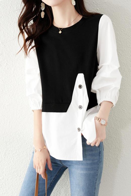 Asymmetrical Croissant Sleeve Button Blouse - 2 Colors Available