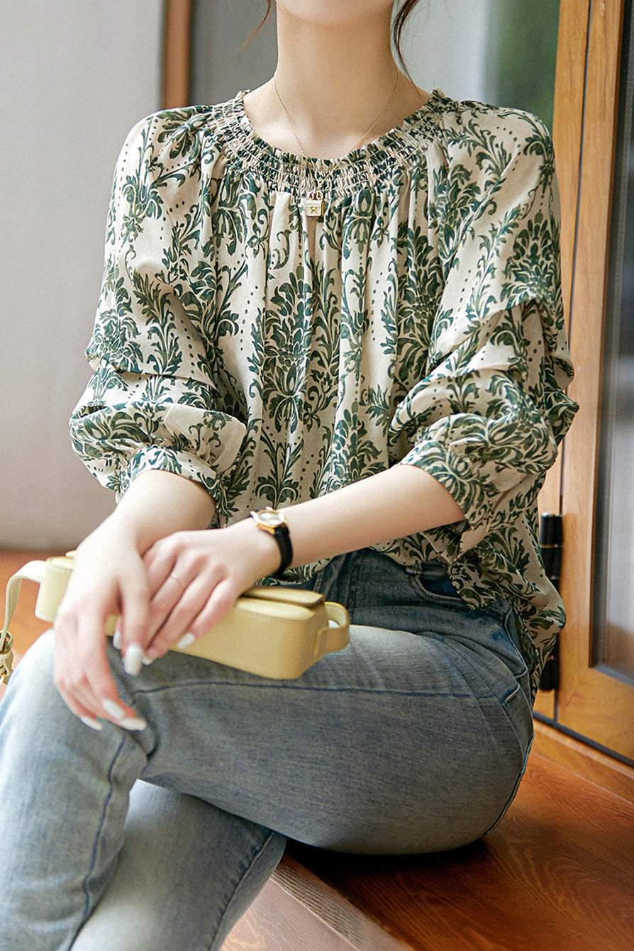 Shirred Neck Ornament Pattern Smock Blouse