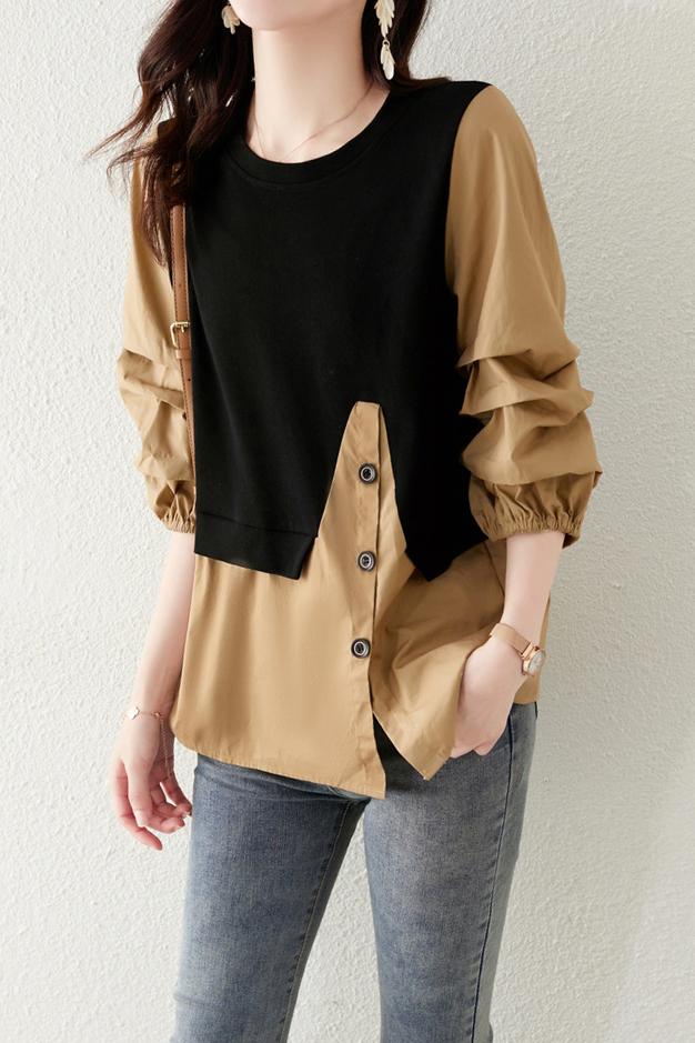 Asymmetrical Croissant Sleeve Button Blouse - 2 Colors Available