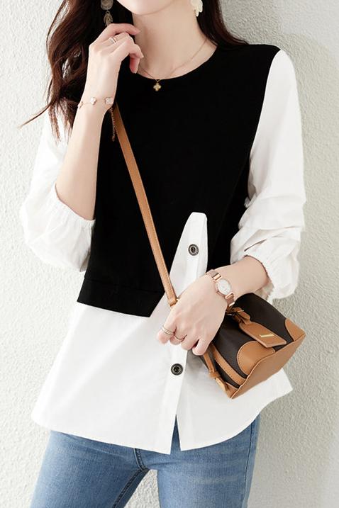 Asymmetrical Croissant Sleeve Button Blouse - 2 Colors Available